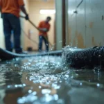 two-workers-remove-water-flooded-basement-using-hose-men-clean-house-burst-pipe-flood-cleanup-crew-flooded-home-407753525