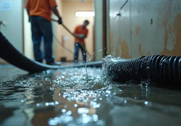 two-workers-remove-water-flooded-basement-using-hose-men-clean-house-burst-pipe-flood-cleanup-crew-flooded-home-407753525