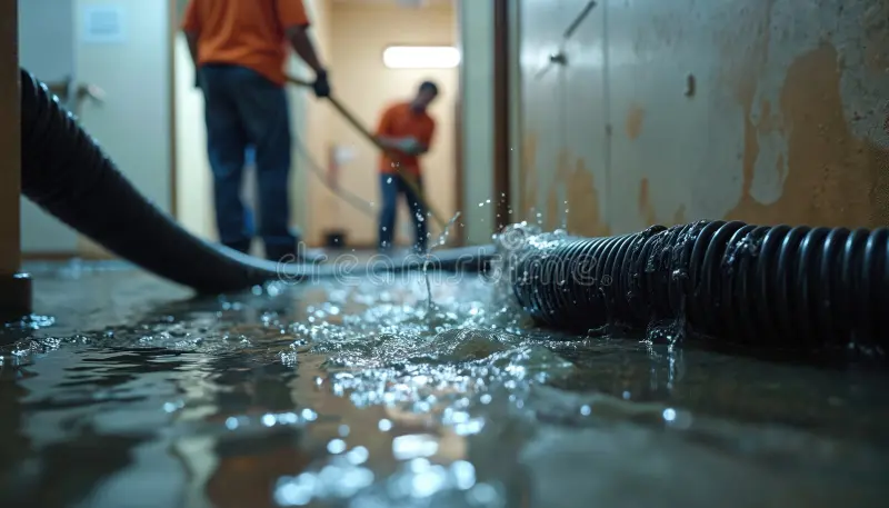two-workers-remove-water-flooded-basement-using-hose-men-clean-house-burst-pipe-flood-cleanup-crew-flooded-home-407753525